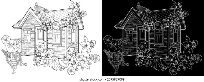 Coloring pages. Three pigs. Fairy tale. Merry three little pigs and their new home. Coloring book. Coloring. Illustrations for children. Funny characters