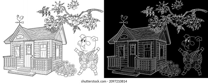 Coloring pages. Three pigs. Fairy tale. Merry three little pigs and their new home. Coloring book. Coloring. Illustrations for children. Funny characters