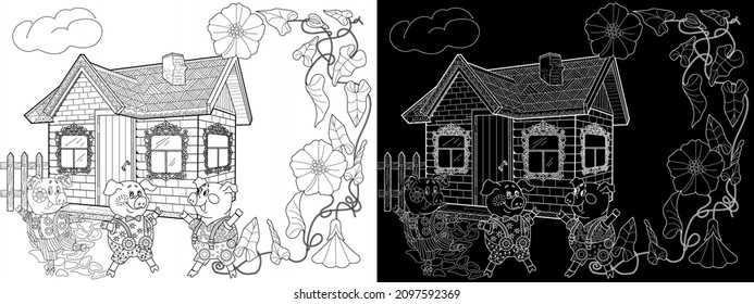 Coloring pages. Three pigs. Fairy tale. Merry three little pigs and their new home. Coloring book. Coloring. Illustrations for children. Funny characters