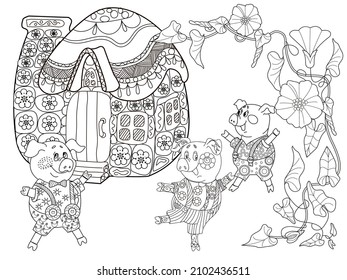 Coloring pages. Three pigs. Fairy tale. Merry three little pigs and their new home. Coloring book. Coloring. Illustrations for children. Funny characters