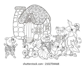 Coloring pages. Three pigs. Fairy tale. Merry three little pigs and their new home. Coloring book. Coloring. Illustrations for children. Funny characters