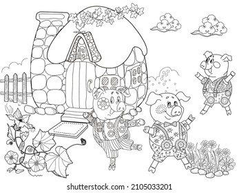 Coloring pages. Three pigs. Fairy tale. Merry three little pigs and their new home. Coloring book. Coloring. Illustrations for children. 