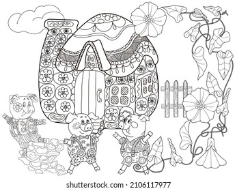 Coloring pages. Three pigs. Fairy tale. Merry three little pigs and their new home. Coloring book. Coloring. Illustrations for children. 