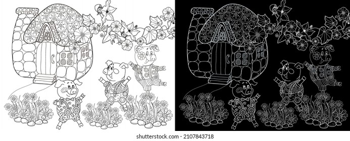 Coloring pages. Three pigs. Fairy tale. Merry three little pigs and their new home. Coloring book. Coloring. Illustrations for children. Funny characters