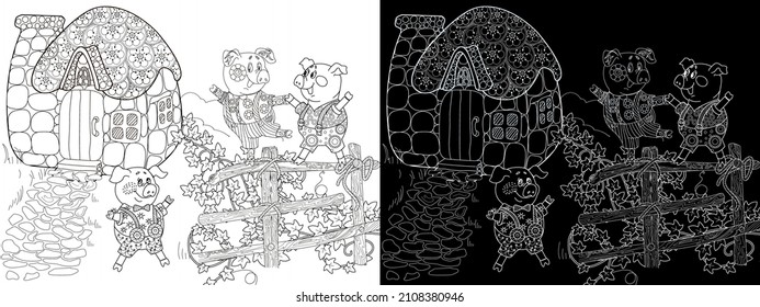 Coloring pages. Three pigs. Fairy tale. Merry three little pigs and their new home. Coloring book. Coloring. Illustrations for children. Funny characters