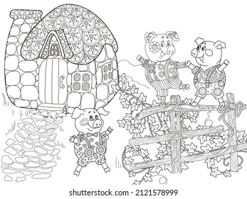 Coloring pages. Three pigs. Fairy tale. Merry three little pigs and their new home. Coloring book. Coloring. Illustrations for children. Funny characters
