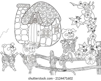 Coloring pages. Three pigs. Fairy tale. Merry three little pigs and their new home. Coloring book. Coloring. Illustrations for children. Funny characters
