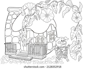 Coloring pages. Three pigs. Fairy tale. Merry three little pigs and their new home. Coloring book. Coloring. Illustrations for children. Funny characters
