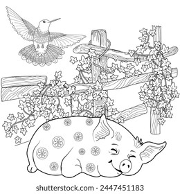 Coloring pages. Three pigs. Fairy tale. Cute pig is sleeping. Coloring book. Illustrations for children. Funny characters