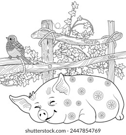 Coloring pages. Three pigs. Fairy tale. Cute pig is sleeping. Coloring book. Illustrations for children. Funny characters
