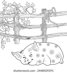 Coloring pages. Three pigs. Fairy tale. Cute pig is sleeping. Coloring book. Illustrations for children. Funny characters
