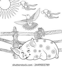 Coloring pages. Three pigs. Fairy tale. Cute pig is sleeping. Coloring book. Illustrations for children. Funny characters
