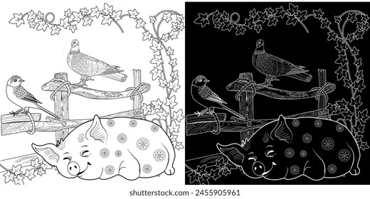 Coloring pages. Three pigs. Fairy tale. Cute pig is sleeping. Coloring book. Illustrations for children. Funny characters
