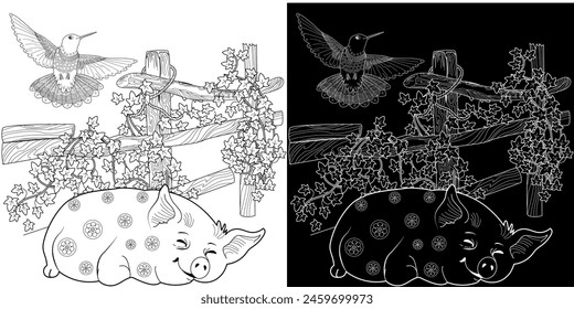 Coloring pages. Three pigs. Fairy tale. Cute pig is sleeping. Coloring book. Illustrations for children. Funny characters
