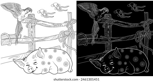 Coloring pages. Three pigs. Fairy tale. Cute pig is sleeping. Coloring book. Illustrations for children. Funny characters
