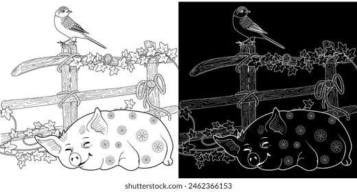 Coloring pages. Three pigs. Fairy tale. Cute pig is sleeping. Coloring book. Illustrations for children. Funny characters
