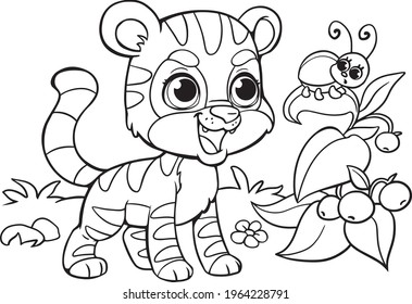 Coloring pages tiger and beetle on the bush. Wild animals. Smiling wild African beast. Educational developmental lesson, a task waiting for preschoolers. Black and white clipart