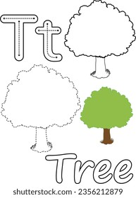 Coloring pages of tree and the letter T. Suitable for use in children's coloring books