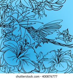 Coloring pages with tropical birds, colibri,  flowers and leaves. Background. Vector.