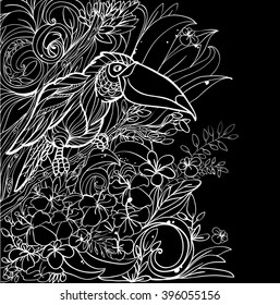 Coloring pages with tropical birds, flowers and leaves. Background. Vector.