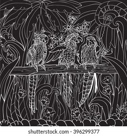 Coloring pages with tropical parrots, flowers and leaves. Background. Vector.