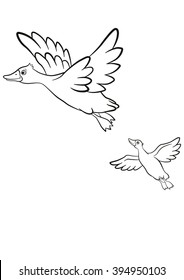 Coloring pages. Two ducks fly under the lake. Lake in in the forest. They are smiling and happy.