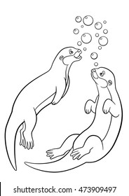 Coloring pages. Two little cute otters swim and smile.