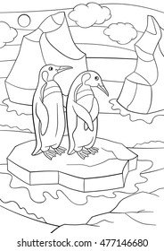 Coloring pages. Two little cute penguins stand on the ice-floe in the ocean and smile.