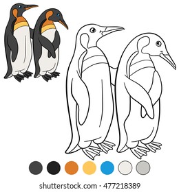 Coloring pages. Two little cute penguins hug each other and smile.