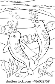 Coloring pages. Two little cute narwhals swim underwater and smile.