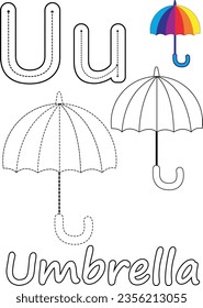 Coloring pages of umbrella and the letter U. Suitable for use in children's coloring books