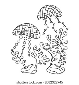 Coloring pages, Underwater. Vector hand drawn doodles animals. Marine motif. Doodles of the underwater world, the sea, the ocean. Jellyfish and underwater plants