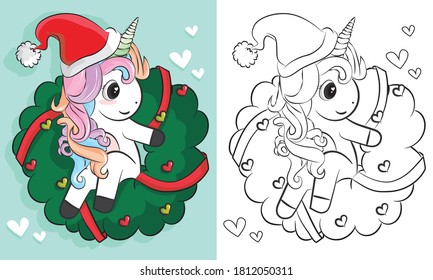 coloring pages of unicorns christmas. Cartoon hand drawn unicorn. Vector illustration. Design for coloring book, greeting cards, t-shirt and other