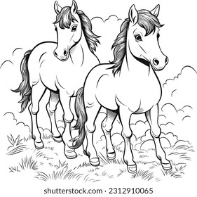 Diseño vectorial de páginas coloreadas, ilustración Caballos