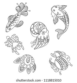 Coloring pages in vector graphic illustration for children and adults with ocean animals such as jellyfish, plankton, crab, fishes and a shrimp