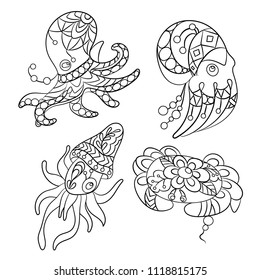 Coloring pages in vector graphic illustration for children and adults with sea animals such as octopus, crab and jellyfish
