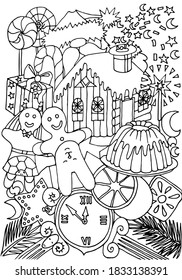 Coloring pages. Waiting for Merry Christmas. Santa Claus, gingerbread house, Ginger man, cookies, gift, tree, stars, clock, candies for celebration. Coloring book for kids, adults at home, school.