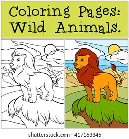 Coloring Pages: Wild Animals. Cute beautiful lion stands on the hill and smiles.