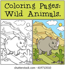 Coloring Pages: Wild Animals. Cute rhinoceros stands on the grass and smiles.