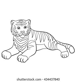 Coloring pages. Wild animals. Cute striped tiger smiles.