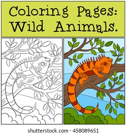 Coloring Pages: Wild Animals. Cute orange iguana sits on the tree branch and smiles.