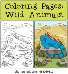 Coloring Pages: Wild Animals. Cute blue iguana sits on the rock and smiles.