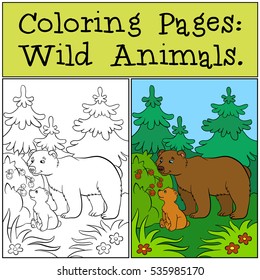 Coloring Pages: Wild Animals. Daddy bear with his little cute baby bear in the forest looks at the raspberry.