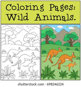 Coloring Pages: Wild Animals. The kangaroo family runs and smiles.