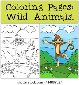 Coloring Pages: Wild Animals. Little cute monkey runs and smiles.