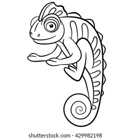 Coloring pages. Wild animals. Little cute chameleon smiles. svg