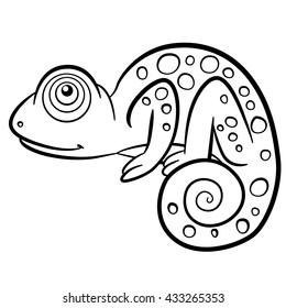 Coloring pages. Wild animals. Little cute chameleon smiles.