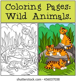Coloring Pages: Wild Animals. Little cute baby tigers smiles.