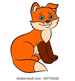 Coloring pages. Wild animals. Little cute baby fox sits and smiles.