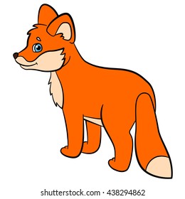 Coloring pages. Wild animals. Little cute baby fox stands and smiles.